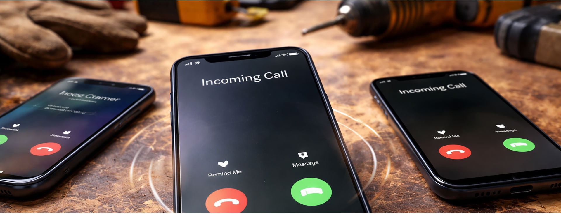 Incoming customer calls on phones near contractor tools